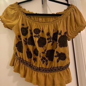 mustard yellow off the shoulder crop top